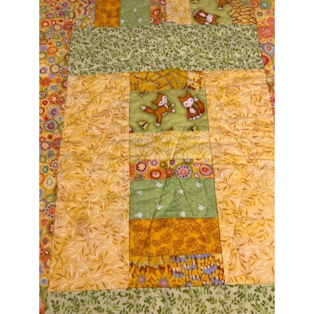 Handmade Woodland Fox Patchwork Baby Quilt Yellow Orange Cotton Blanket 36 x 43